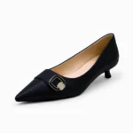 Side view of elegant black pointed toe shoe for formal and party wear.