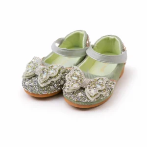 Girls premium mint green party shoes with crystal butterfly and pearls imported BD