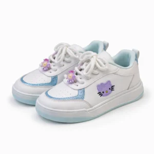Pair of girls' white casual sneakers with sky blue glitter and cute cartoon design imported from China.