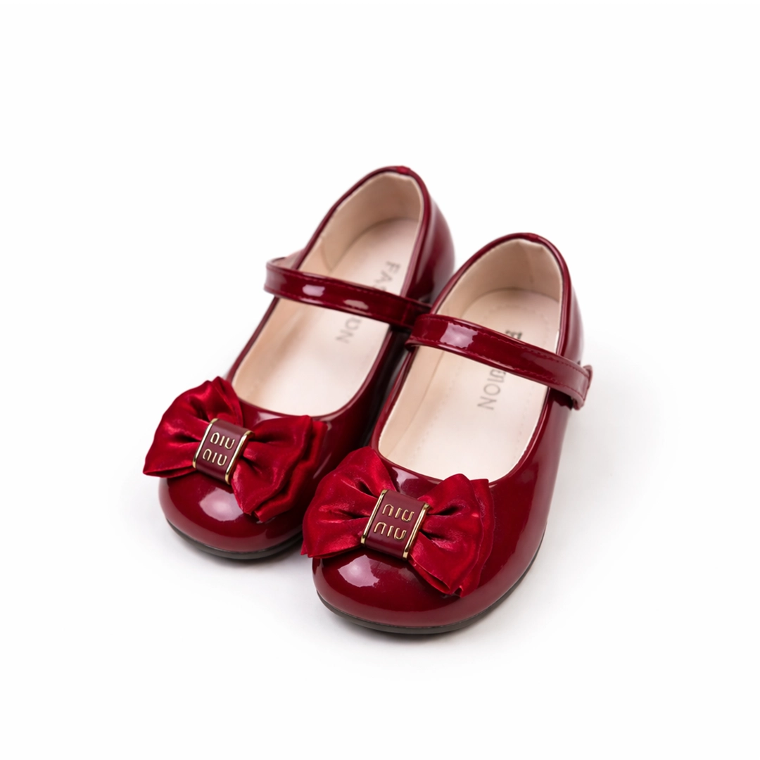 Girls premium glossy maroon party shoes with bow imported China BD