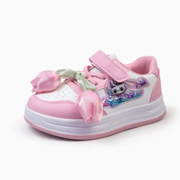 Pink casual shoes for girls with cute flower decoration and velcro strap