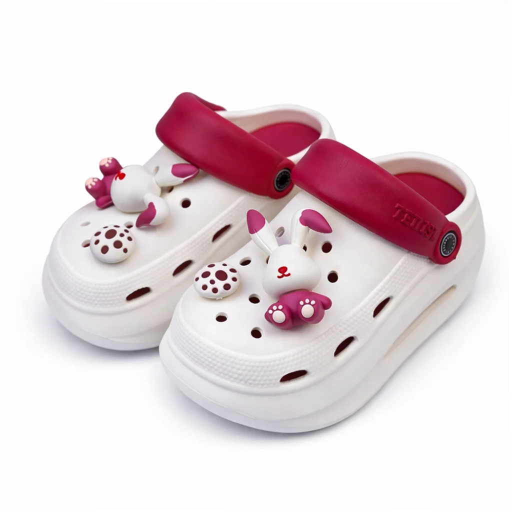 Ladies premium white crocs with maroon strap and 3d bunny charm imported BD