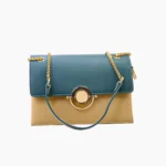 Teal blue and beige crossbody bag for women with gold circle lock