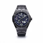 Premium black metal wrist watch with a luxury skeleton gear dial and angular bezel.