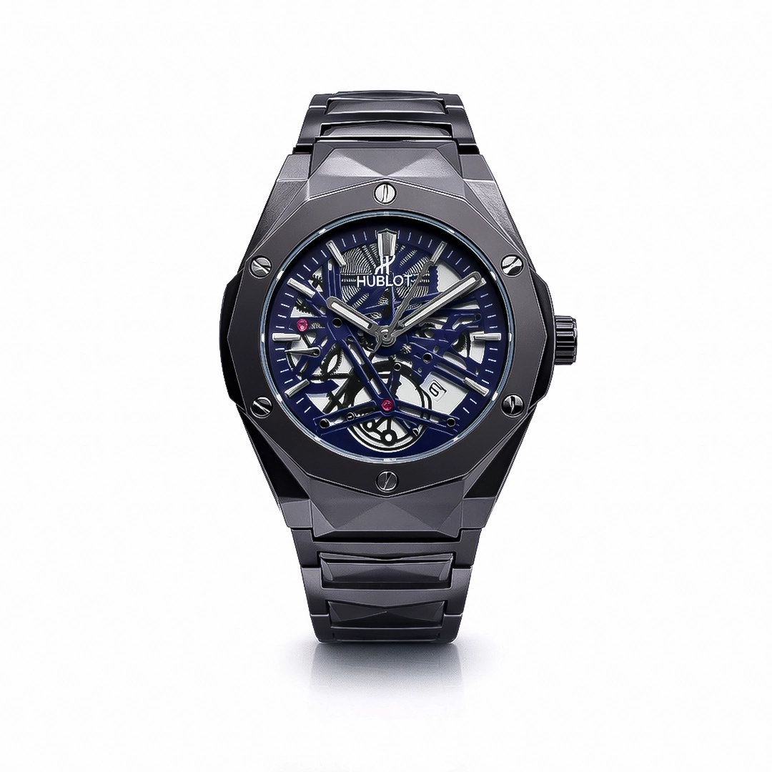 Premium black metal wrist watch with a luxury skeleton gear dial and angular bezel.