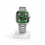 Premium square skeleton mechanical watch with green dial and stainless steel strap