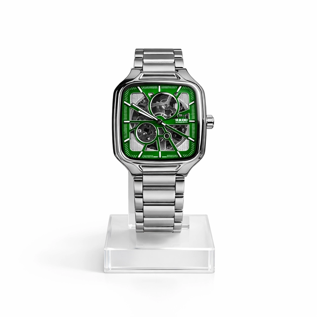 luxury-square-skeleton-mechanical-watch-green-bd Premium square skeleton mechanical watch with green dial and stainless steel strap
