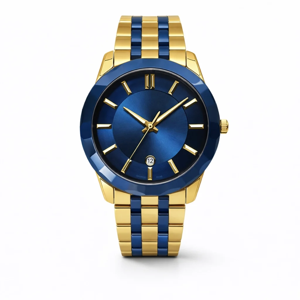Premium men's stainless steel analog watch with blue dial and gold-blue two-tone strap.