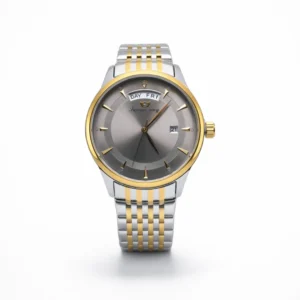 Luxury men's two-tone silver and gold quartz watch featuring a grey dial with day and date display.