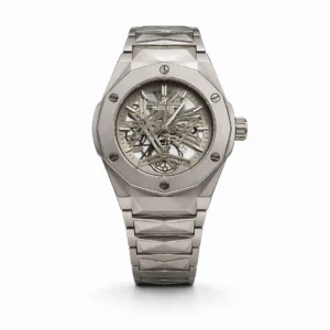 Luxury silver metal watch for men featuring an open-work skeleton dial design.