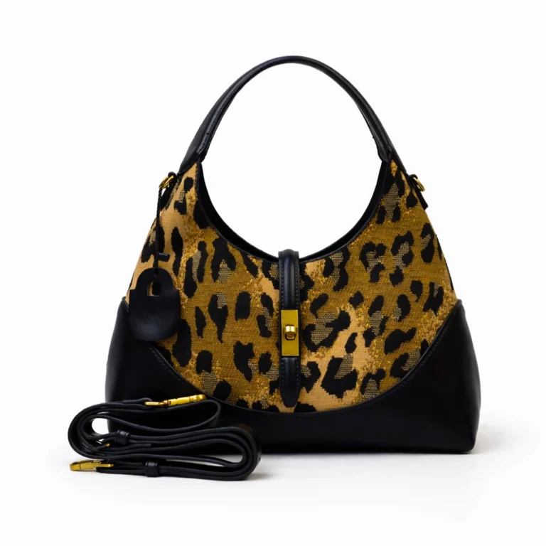 Trendy women's leopard print shoulder bag with black leather accents and gold lock BD