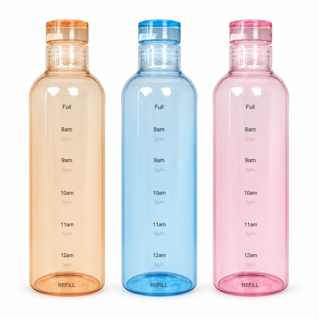 Motivational Time Marker Water Bottle in orange Blue and Pink