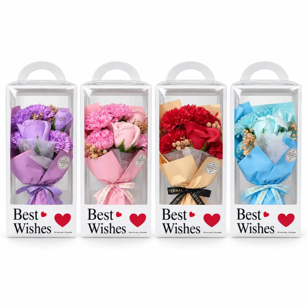 Best Wishes Flower Bouquet Gift Box in Red Purple Blue and Pink