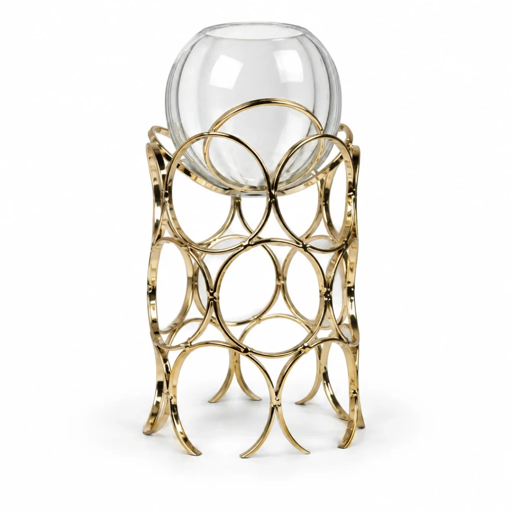 Luxury gold metal and clear glass decorative showpiece on white background