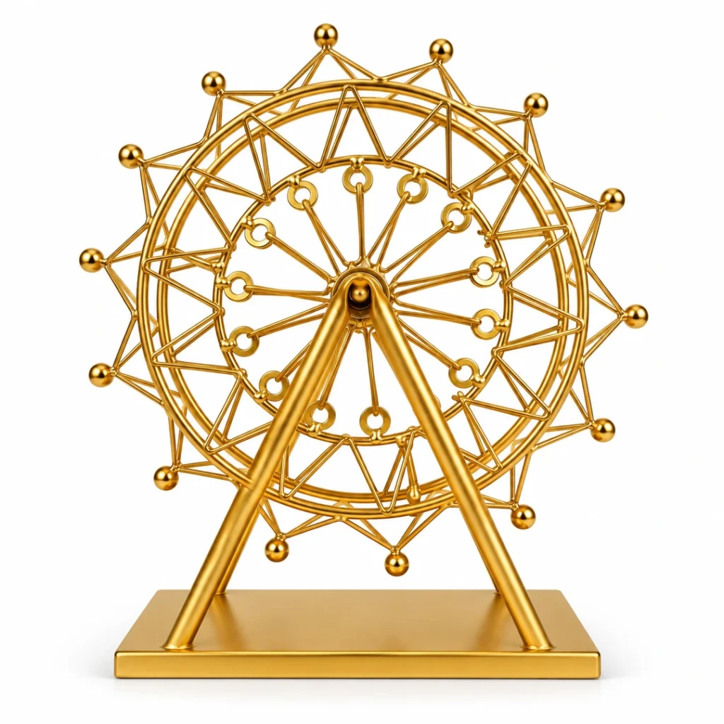 Golden Ferris wheel decorative showpiece on white background