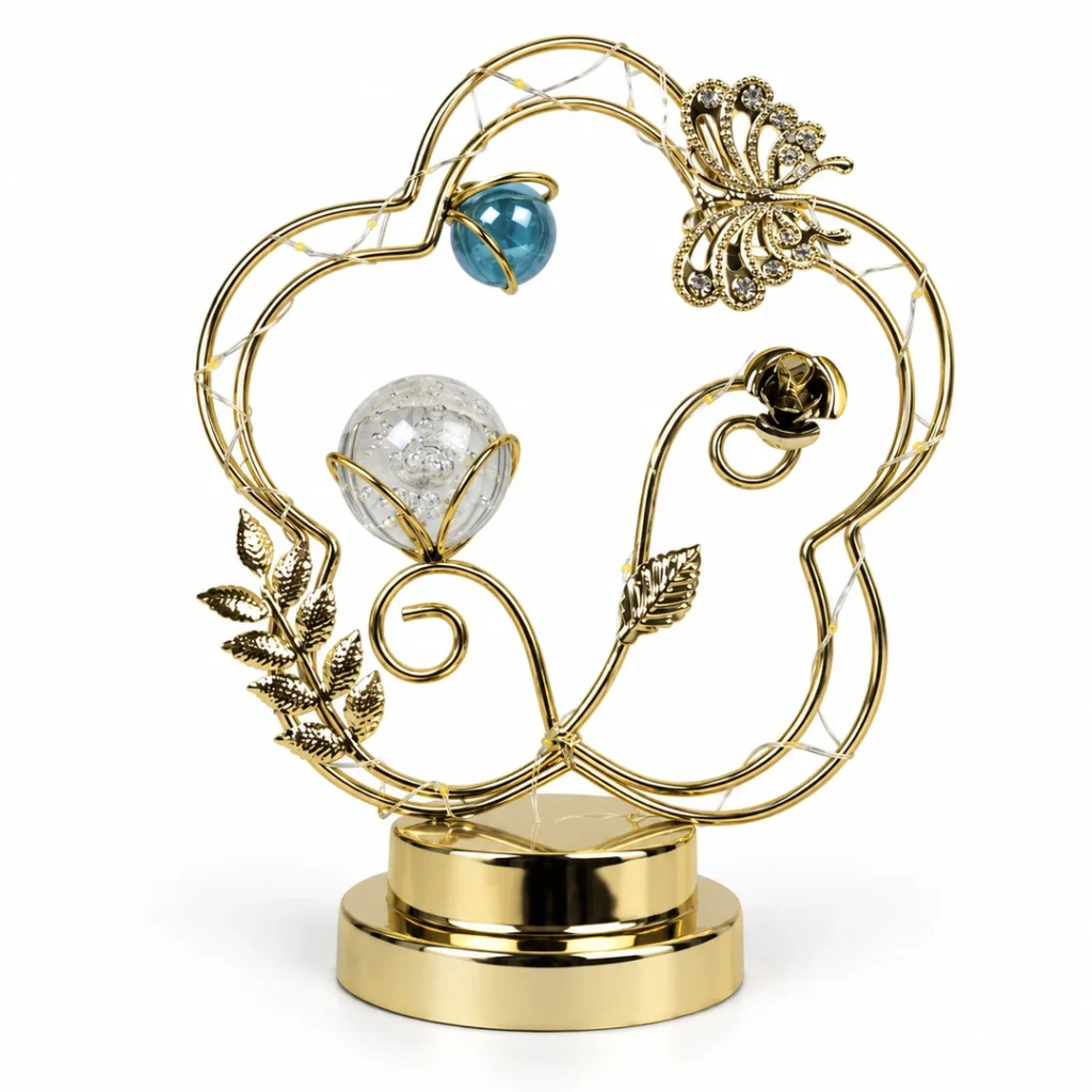 Luxury gold butterfly crystal light decorative showpiece with battery-powered light on white background