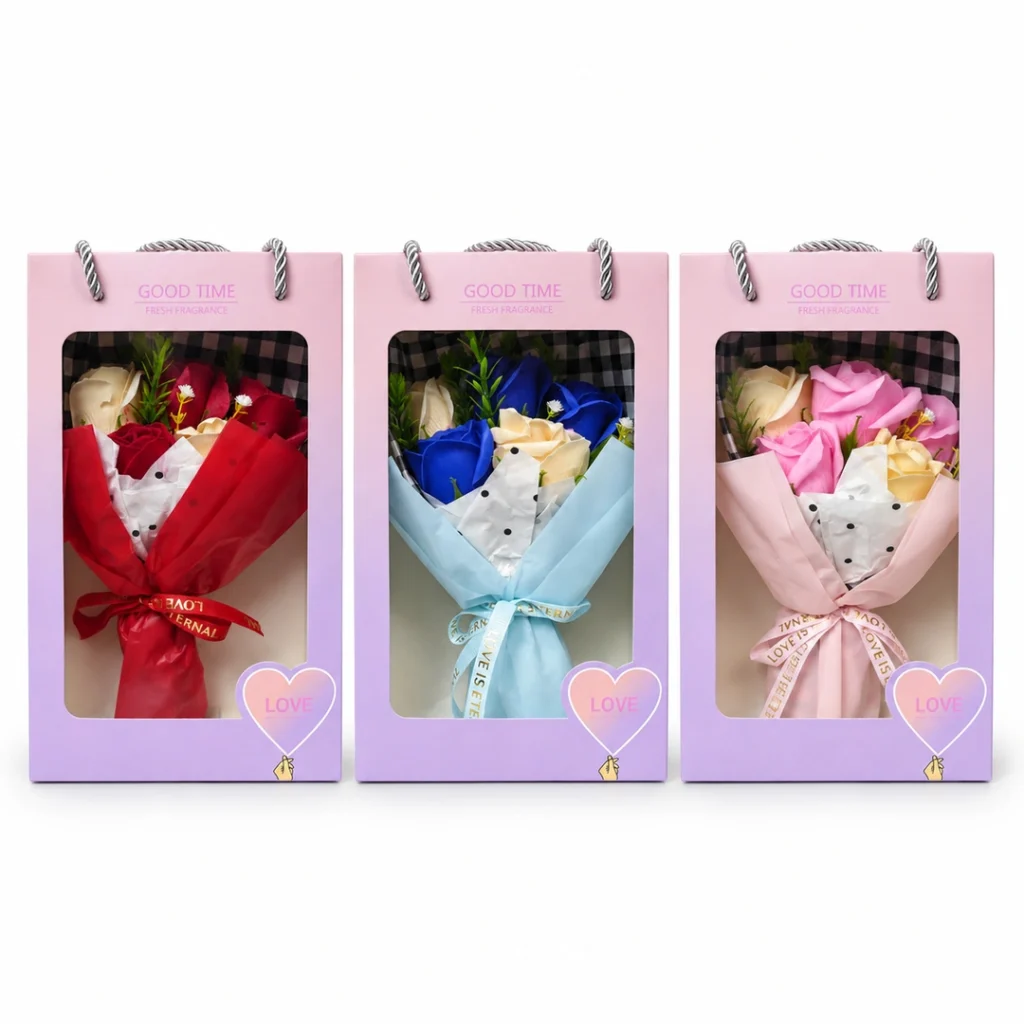 Good Time Soap Flower Bouquet Gift Box in Red Blue and Pink