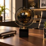 Black and gold rotating globe showpiece on executive office desk