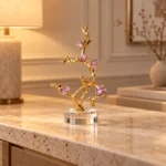 Gold branch purple crystal flower showpiece on luxury console table