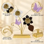 Feature highlights of gold floral butterfly metal showpiece with dual floral design and purple butterfly accent