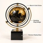 Black and gold rotating globe showpiece feature highlights
