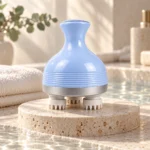 Blue scalp massager displayed in a relaxing spa setting