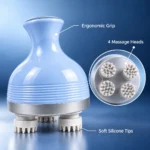 Ergonomic scalp massager with four massage heads and soft silicone tips
