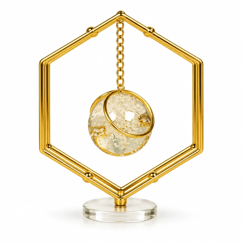 Gold hexagonal hanging crystal orb decorative showpiece on white background