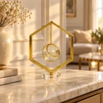 Gold hexagonal hanging crystal orb showpiece on luxury console