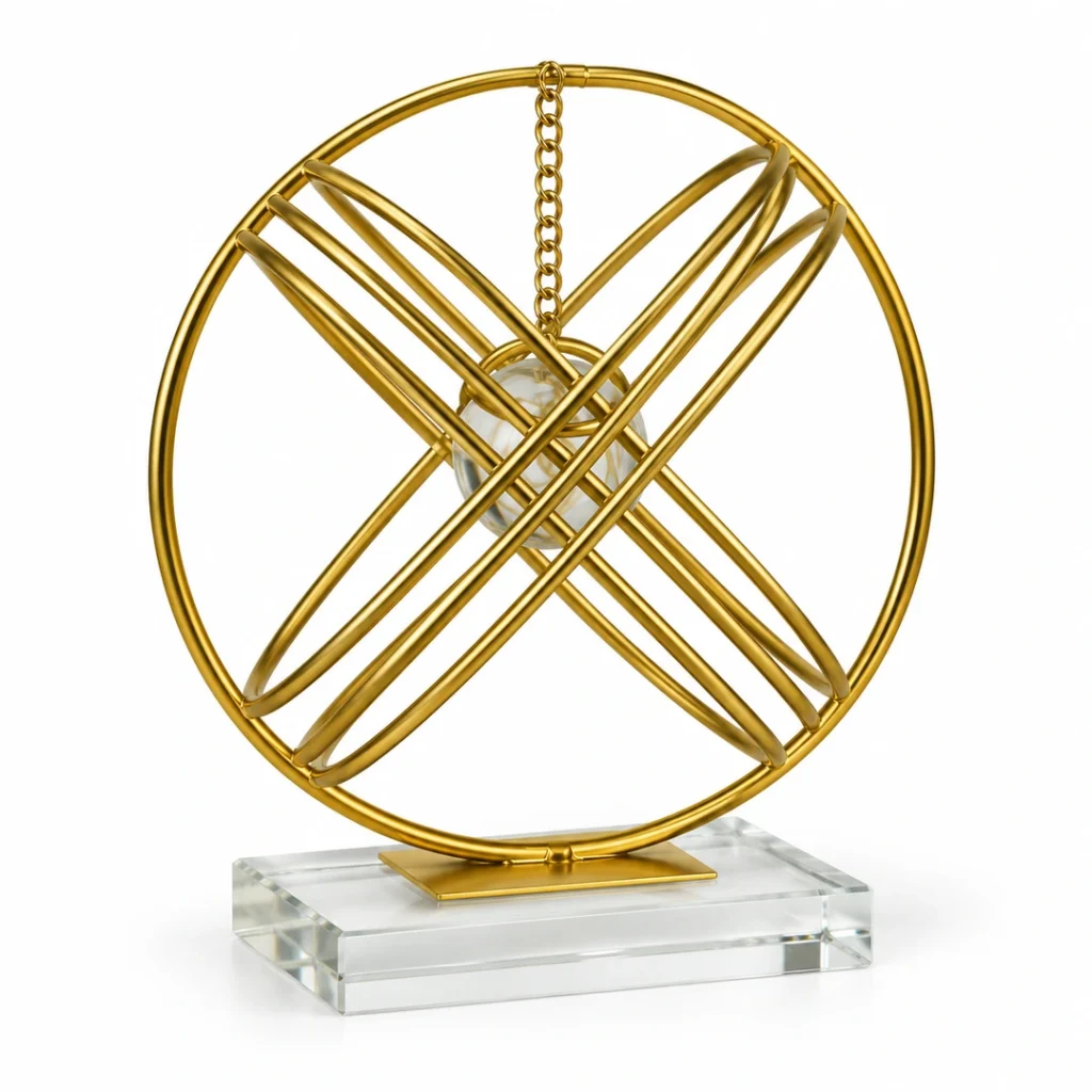 Luxury gold orbital crystal ball decorative showpiece on white background