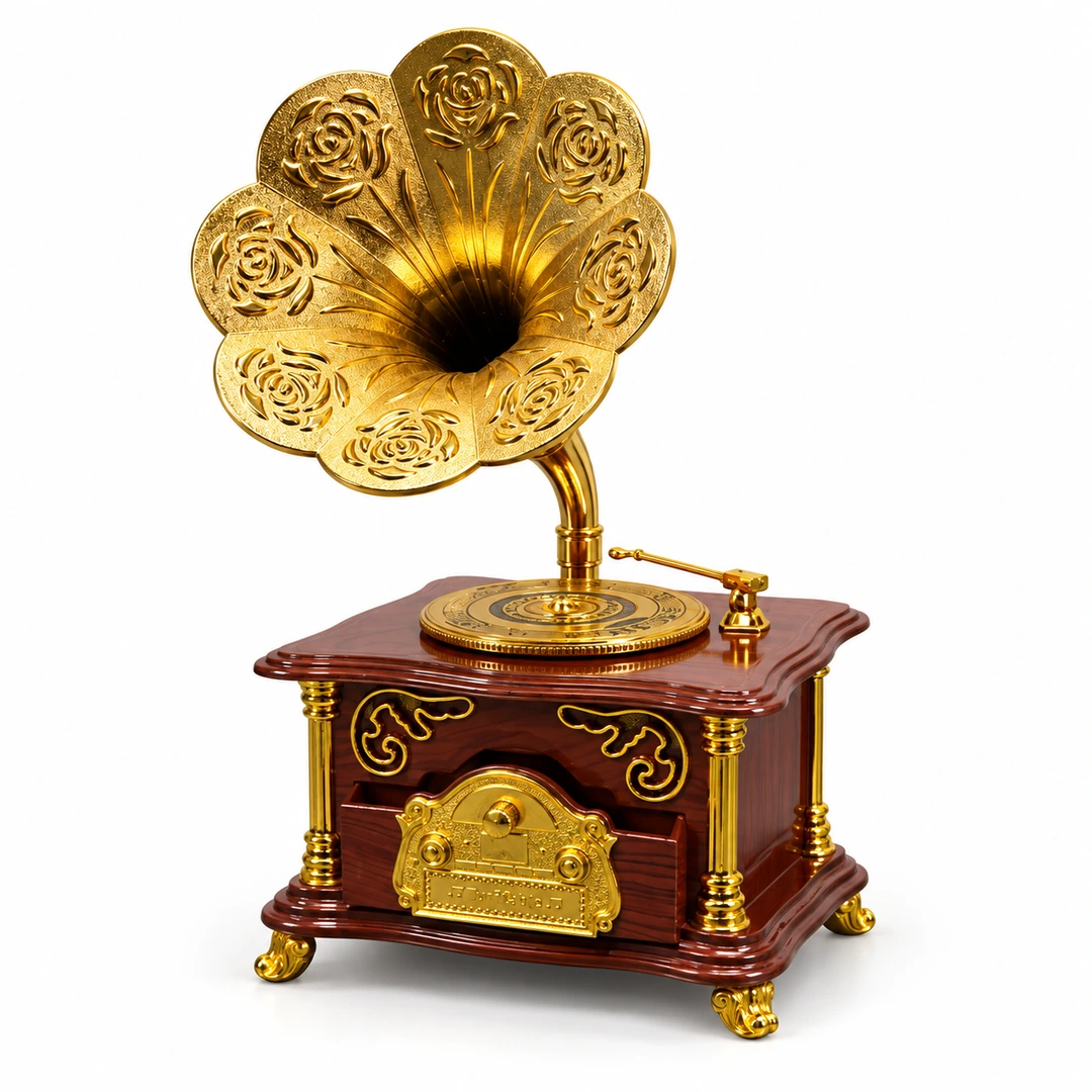 Luxury vintage flower horn gramophone decorative showpiece on white background