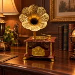Vintage gramophone decorative showpiece in classic study interior