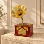 Vintage gramophone decorative showpiece on luxury console table